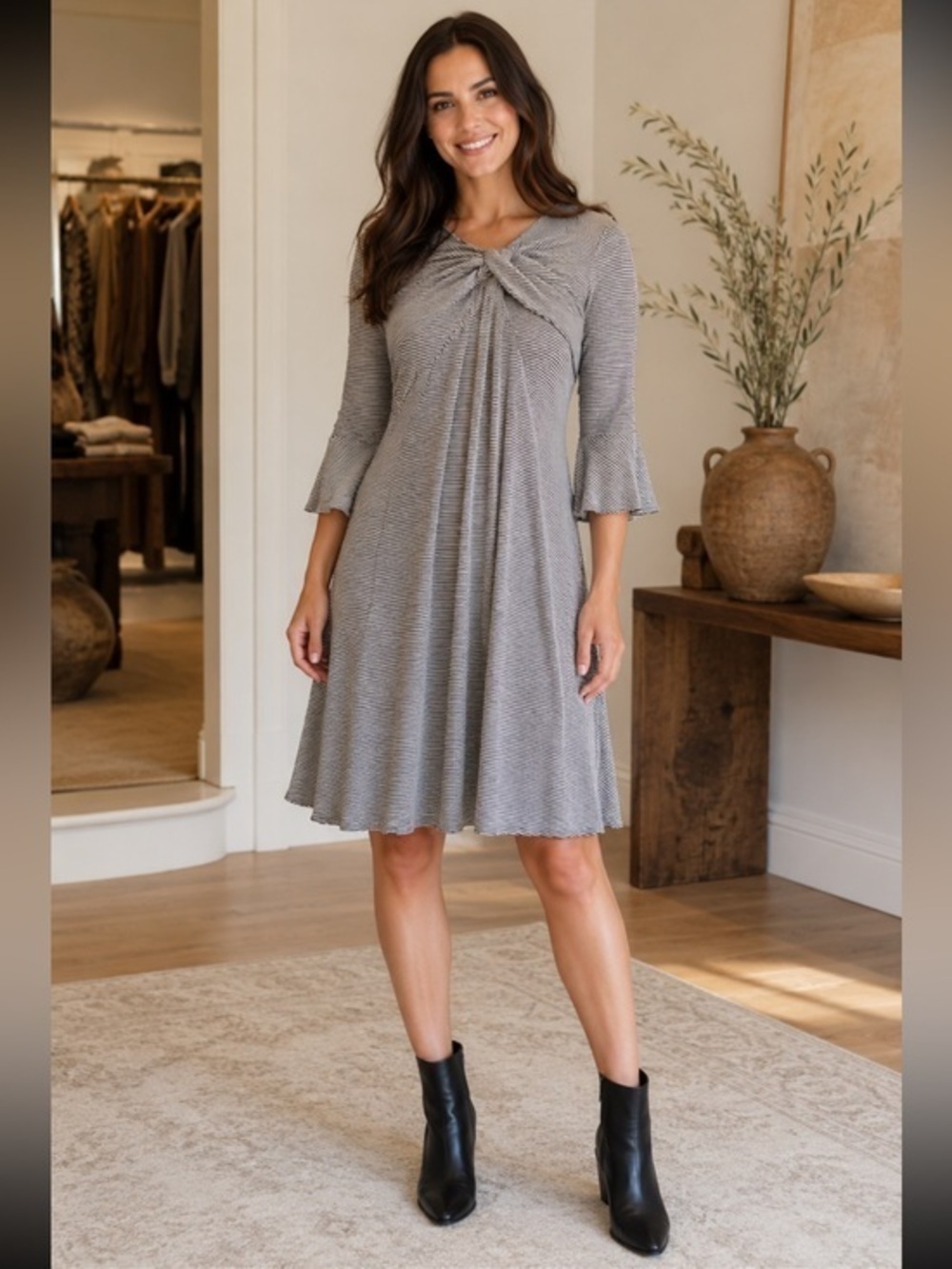 Violet Weekend Black White Striped Twist Front Bell Sleeve Swing Dress Large